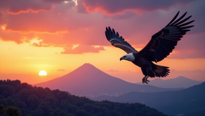 Group of vultures or eagles flying together at dusk with mountains in distance, aerial perspective, eagles