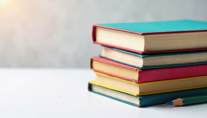 Fototapeta premium Hand drawn stack of colored books with pencils and paper, books, illustrated