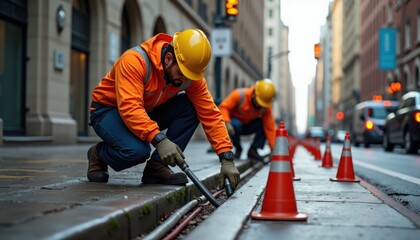 Street workers fixing roadside infrastructure