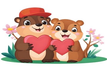 Cute Cartoon Beavers Couple Holding Red Hearts And Smiling Isolated On Transparent Background