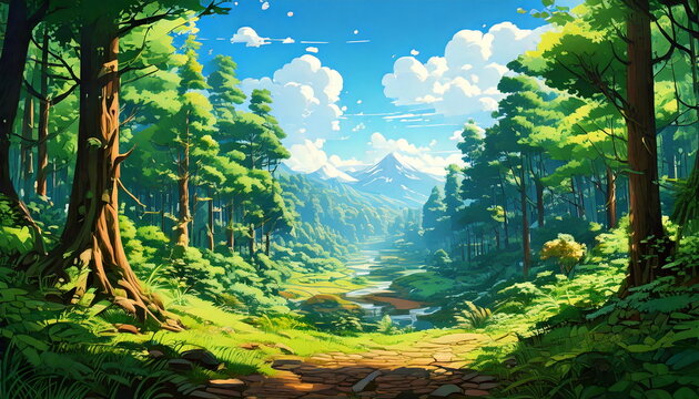 Digital Illustration of a Peaceful Woodland Path