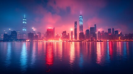 Fototapeta premium Neon Cityscape Skyline Reflected On Water At Night Stunning Photo Beautiful