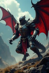 Fototapeta premium knight fighting scaled beast with claws and wings, wing, armor