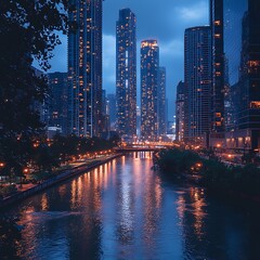 Naklejka premium Night Photo Of Chicago Skyline With River Reflecting City Lights Glow