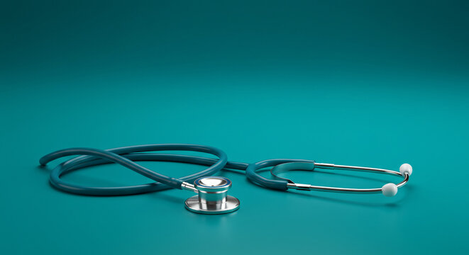 Medical Instrument: A close-up shot of a stethoscope on a teal-colored surface, a symbol of care, health, and well-being.