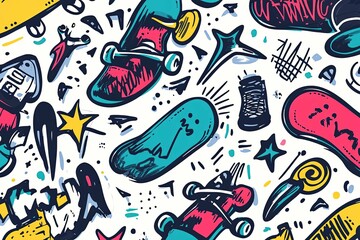 A vibrant and colorful illustration featuring skateboards and stars