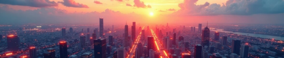 Obraz premium Metallic silver background with a futuristic cityscape at sunset, cityscape, urban
