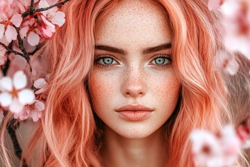 Stunning caucasian young woman surrounded by cherry blossoms. Commercial marketing design idea. Spring mood, golden hour in sunset. Woman surrounded by bright flowers in springtime.