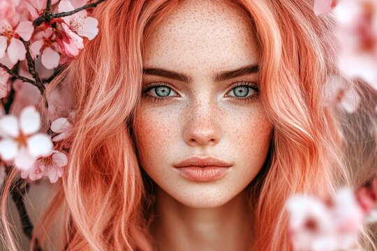 Stunning caucasian young woman surrounded by cherry blossoms. Commercial marketing design idea. Spring mood, golden hour in sunset. Woman surrounded by bright flowers in springtime.