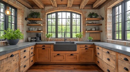 Rustic Kitchen Design Natural Light Modern Farmhouse Interior Decoration Stock Photo