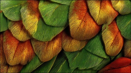 Parrot Feather Closeup Vibrant Texture, Colorful Plumage in Green Yellow Red, Macro View of Tropical Bird, Fine Detail and Structure, Nature’s Pattern and Jungle Beauty