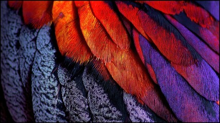 Parrot Feather Closeup Vibrant Texture, Colorful Plumage in Green Yellow Red, Macro View of Tropical Bird, Fine Detail and Structure, Nature’s Pattern and Jungle Beauty