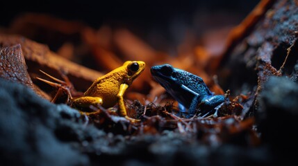 Poison Dart Frog Closeup Vibrant Skin Texture, Neon Colors and Black Spots, Tropical Amphibian Macro Portrait, Jungle Habitat Detail, Toxic Beauty of Rainforest