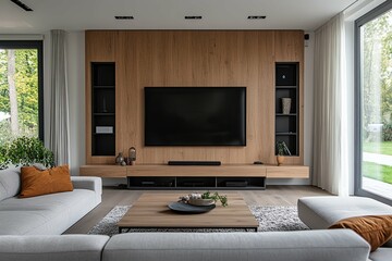 Modern living room featuring a large television and stylish decor