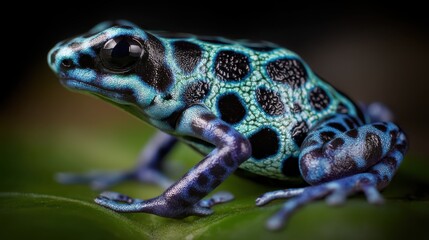 Poison Dart Frog Closeup Vibrant Skin Texture, Neon Colors and Black Spots, Tropical Amphibian Macro Portrait, Jungle Habitat Detail, Toxic Beauty of Rainforest