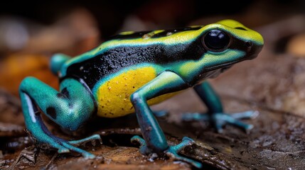 Poison Dart Frog Closeup Vibrant Skin Texture, Neon Colors and Black Spots, Tropical Amphibian Macro Portrait, Jungle Habitat Detail, Toxic Beauty of Rainforest