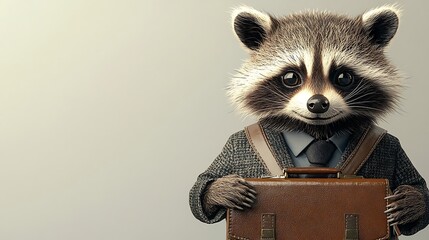 Charming raccoon business character in suit holding briefcase