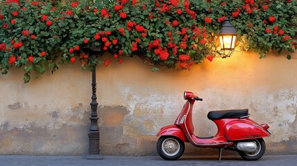 Red   scooter parked by a wall adorned with vibrant red roses.  Golden hour light bathes the scene