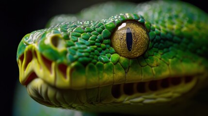 Emerald Tree Boa Closeup Reptile Eye, Vibrant Green Scales and Fangs, Amazon Rainforest Predator Portrait, Detailed Texture of Snake Skin, Jungle Camouflage Hunter