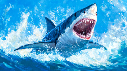 Naklejka premium Great white shark breaching from the ocean with jaws wide open