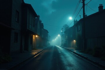 Mysterious cityscape with a dimly lit street at night under a cloudy sky with mist and fog, dark, cityscape, urban