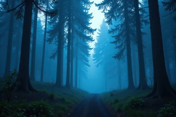 Obraz premium Mysterious forest with tall trees and a blue mist, wilderness, silhouette