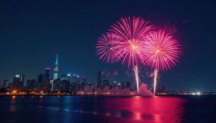 Fototapeta premium New Year fireworks display over city skyline at night, celebration time, festive atmosphere, bright colors