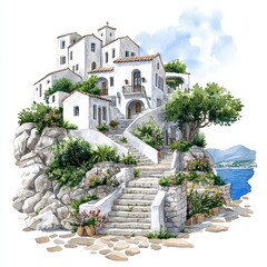 Naklejka premium Serene Mediterranean Village Watercolor Painting