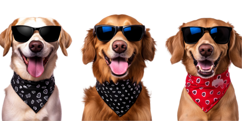Photo of Three Dogs Wearing Sunglasses and Bandanas Isolated on Black Background
