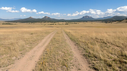 Fototapeta premium Scenic dry field landscape with dirt road and distant mountains