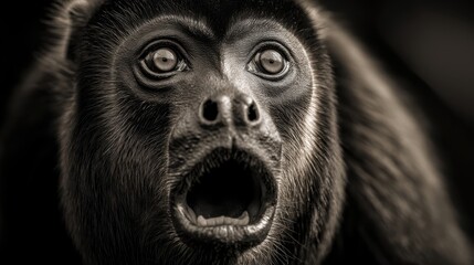 Howler Monkey Closeup Intense Eyes, Expressive Primate Portrait in Black and White, Jungle Mammal Macro Texture, Emotional Wildlife Detail, Deep Forest Atmosphere