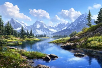 Serene Mountain Lake Landscape with Snow Capped Peaks and Lush Meadows under a Bright Blue Sky