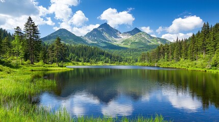 Fototapeta premium Serene Mountain Lake Reflection Lush Greenery and Majestic Peaks Under a Bright Blue Sky