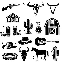 Western Cowboy Silhouette Icons Vector Set