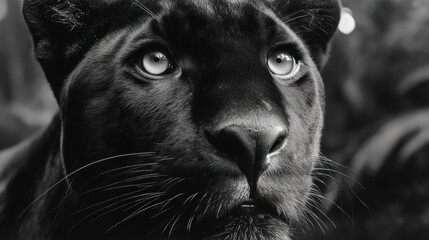 Black Panther Closeup Sharp Gaze, Intense Eyes of Jungle Predator, Fine Fur Texture and Whiskers, Nocturnal Hunter Portrait, Wildlife in Darkness