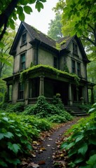 Overgrown, abandoned mansion with vines and leaves, abandoned, nature
