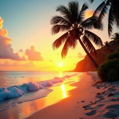 Palm tree beach at sunset with warm golden light and gentle ocean waves, sunset, beach, film