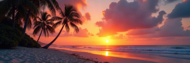 Palm trees swaying gently on sandy beach at sunset, film distressed, sunset, golden light