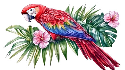 Fototapeta premium Vibrant Parrot Illustration With Tropical Foliage and Flowers PNG on Transparent Background
