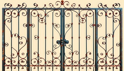 A wrought iron gate, adorned with rusted scrollwork. cute, pastel, no shadow , isolated on a beige background, ultra realistic photography with soft studio lighting.