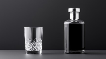 Sleek liquor decanter and glass still life photography high end product image
