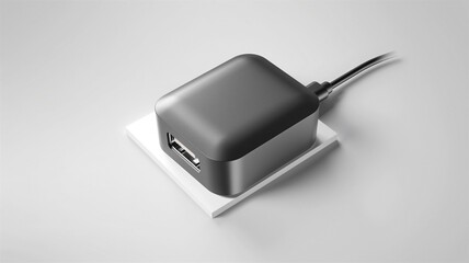 Photorealistic image of a usb-c charger block with gan technology on a white background
