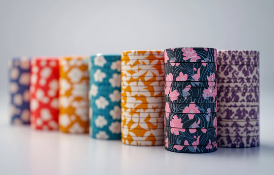 Close-up of stacks of colorful poker chips with floral and geometric designs. A vibrant and stylish image perfect for gaming or design contexts.