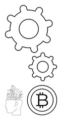 Two gears symbolize collaboration and innovation, Bitcoin highlights technology and finance, head with flowers represents growth and creativity. Ideal for teamwork, blockchain, leadership, progress