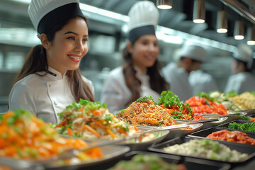 Obraz premium A woman in a chef's hat is smiling at a table full of food