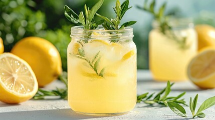 Refreshing homemade lemonade drink with lemon and rosemary