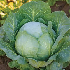 Fototapeta premium Fresh Green Cabbage in Garden Field, Closeup View