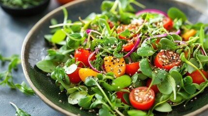 Fresh vibrant salad with leafy greens, ripe tomatoes, and sesame seeds