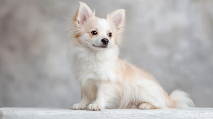 Adorable fluffy white puppy sitting neutral background pet photography