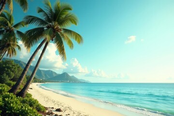 Fototapeta premium Seaside landscape with vintage palm trees and calm ocean, seaside, peaceful beach
